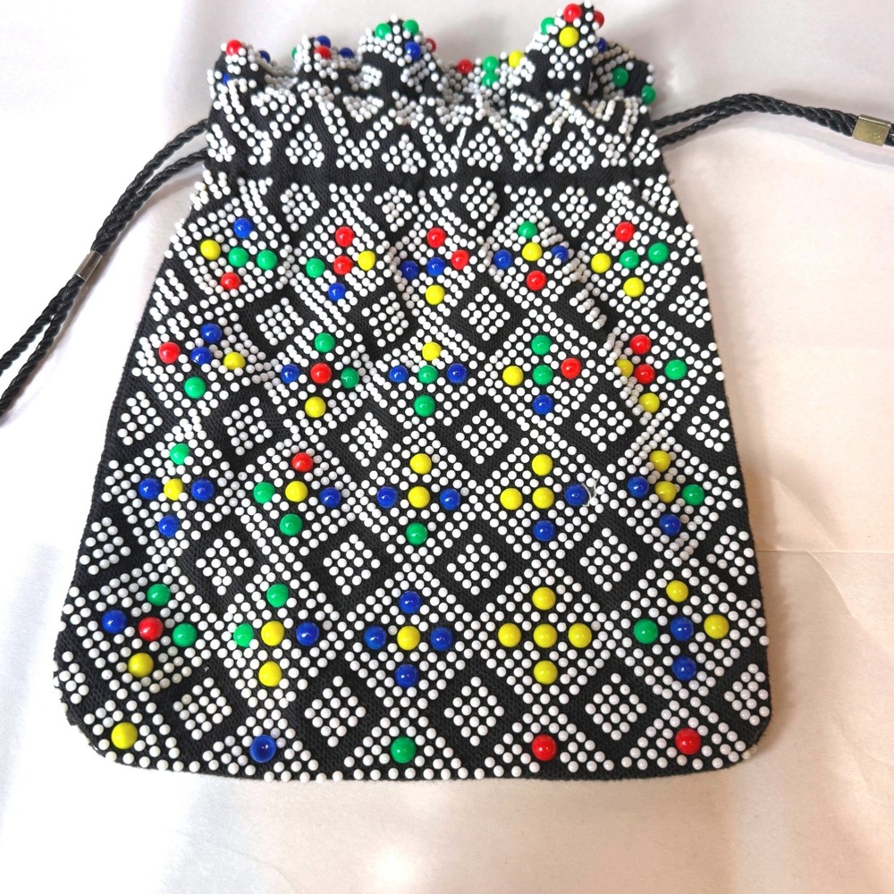 Beaded Drawstring Pouch Bag Boho Festival Ethnic‎ Multicolor Vintage 70s